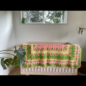 Handmade crochet Vintage AFGHAN knit blanket pink green yellow white large